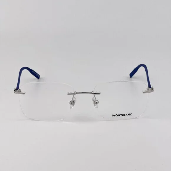 Montblanc Men Eyeglasses Silver Blue Rectangle Rimless FrameModel MB0222O 009